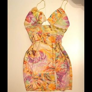 Fashion Nova Yellow Multi Color Mini Dress with Slit